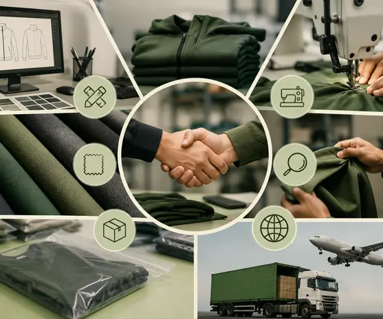 Professional apparel manufacturing process showcasing design, production, quality control, packaging, and worldwide shipping.